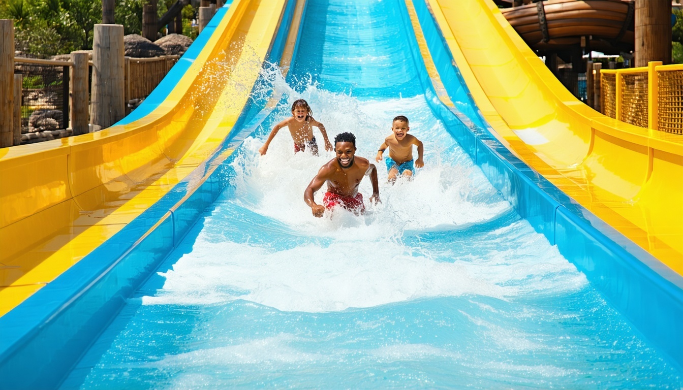 Families enjoying water slides at AquaQuest Adventure Park Dubai