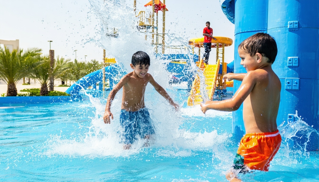 Children playing in interactive splash zones at AquaQuest Adventure Park Dubai