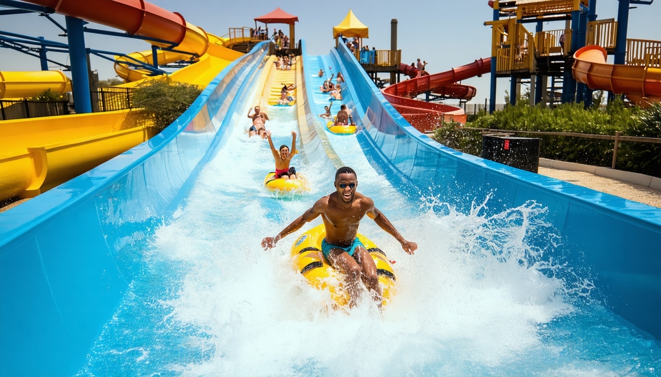 Families enjoying water slides at AquaQuest Adventure Park Dubai