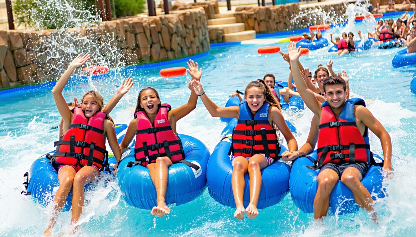 Group of friends enjoying group activities at AquaQuest Adventure Park Dubai