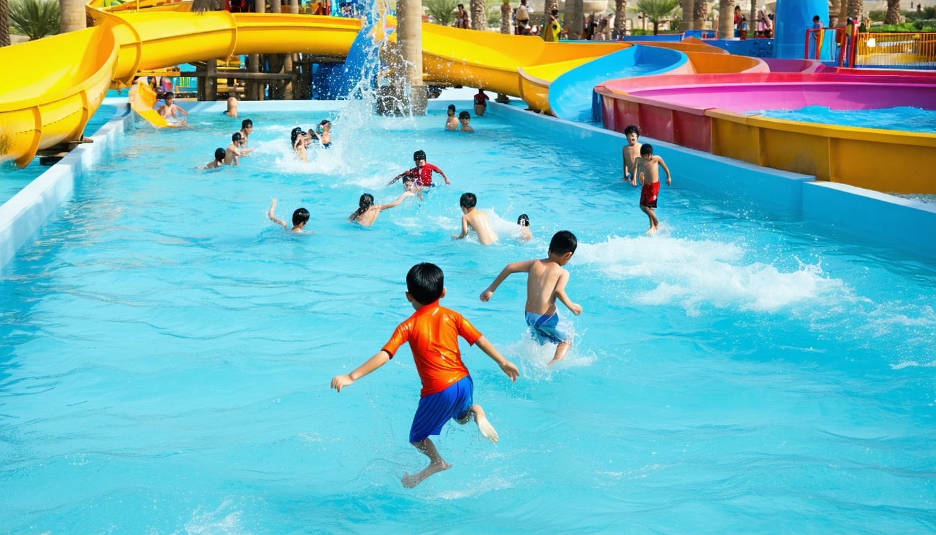 Children playing in dedicated kids’ aquatic zones at AquaQuest Adventure Park Dubai